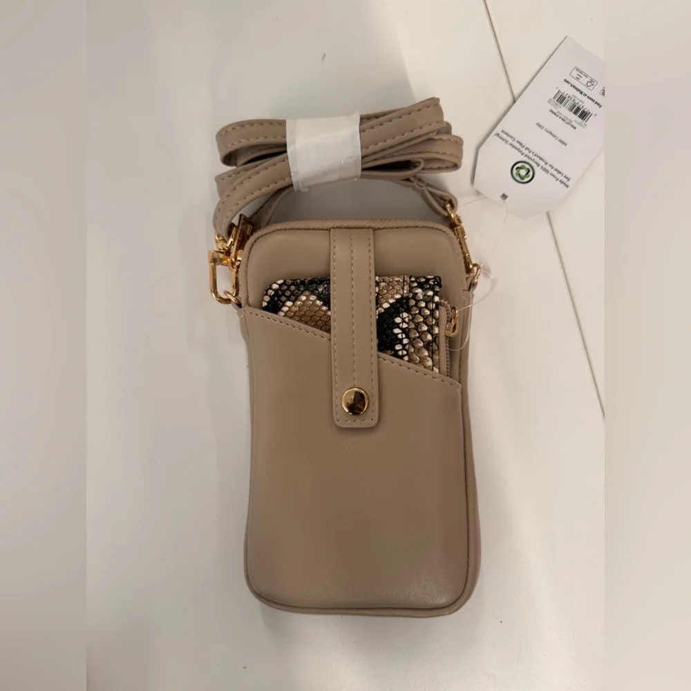Taupe Crossbody Phone Bag with Snake-Print Card Case